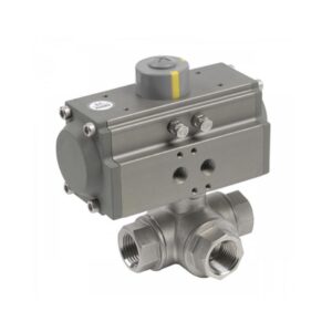 Valvula de esfera 3 vías paso en "T" a/inox. A-316 con rosca 3/8" y actuador neumatico doble efecto