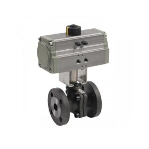 Valvula de esfera 2 piezas cuerpo acero bola a/inox. con bridas DN-32 y actuador neumatico simple efecto