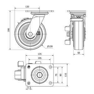 Rueda goma giratoria con freno Alex diametro 150 mm. modelo 4-1615 - Imagen 2