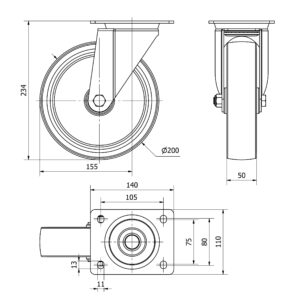 Rueda goma giratoria Alex diametro 200 mm. modelo TW0305 - Imagen 2
