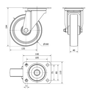 Rueda poliuretano fija  Alex diametro 160 mm. modelo TW0308 - Imagen 2
