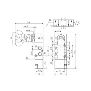 Valvula palanca Aignep 5/3 C.C. 1/8" monoestable retorno muelle 01VL07CC02 - Imagen 2