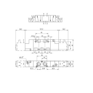 Valvula neumatica Aignep 5/3 C.C. 1/4" monoestable retorno muelle 01VS07CC03 - Imagen 2
