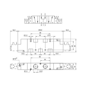 Valvula neumatica Aignep 5/3 P.C. 1/2" monoestable retorno muelle 01VS07PC05 - Imagen 2