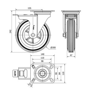 Rueda goma giratoria con freno Alex diametro 200 mm. 2-0958 - Imagen 2