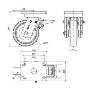 Rueda poliuretano giratoria con freno Alex diametro 150 mm. modelo 2-1528 - Imagen 2