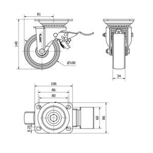 Rueda resina fenolica giratoria con freno Alex diametro 100 mm. modelo 2-1626 - Imagen 2