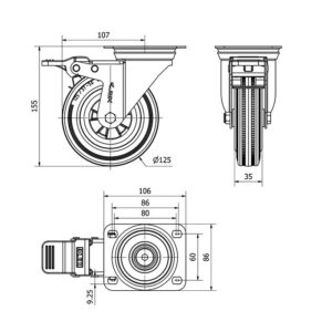 Rueda goma giratoria con freno Alex diametro 125 mm. modelo 2-1680 - Imagen 2