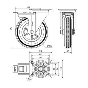 Rueda goma giratoria con freno Alex diametro 200 mm. 2-1685 - Imagen 2