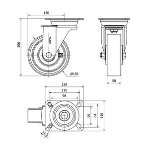Rueda poliuretano giratoria  Alex diametro 150 mm. modelo 2-1788 - Imagen 2
