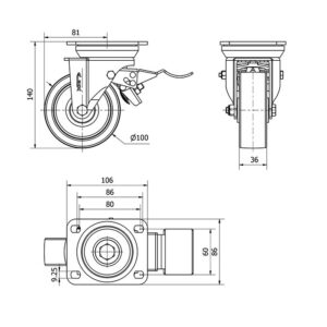 Rueda nylon-poliamida giratoria con freno Alex diametro 100 mm. 2-1820 - Imagen 2