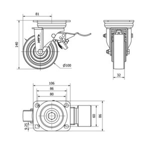 Rueda nylon-poliamida giratoria con freno Alex diametro 100 mm. 2-1821 - Imagen 2