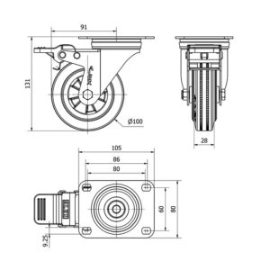 Rueda goma giratoria con freno Alex diametro 100 mm. modelo 2-1905 - Imagen 2
