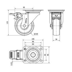 Rueda poliamix giratoria con freno Alex diametro 100 mm. modelo 2-2343 - Imagen 2