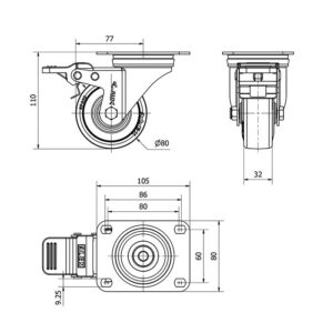 Rueda goma giratoria con freno Alex diametro 80 mm. modelo 2-2396 - Imagen 2