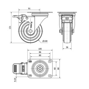 Rueda goma giratoria con freno Alex diametro 100 mm. modelo 2-2735 - Imagen 2
