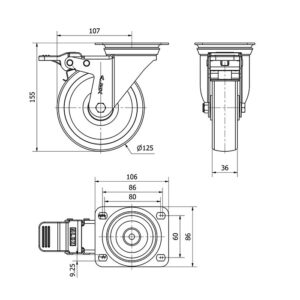 Rueda poliamix giratoria con freno Alex diametro 125 mm. modelo 2-2783 - Imagen 2