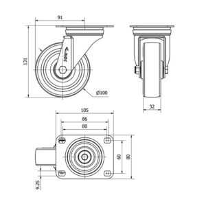 Rueda poliuretano giratoria  Alex diametro 100 mm. modelo 2-2980 - Imagen 2