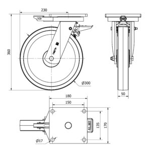 Rueda goma giratoria con bloqueo direccional Alex diametro 300 mm. modelo 2-3360 - Imagen 2