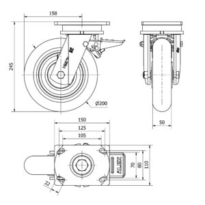 Rueda poliuretano giratoria con freno Alex diametro 200 mm. modelo 2-3729 - Imagen 2