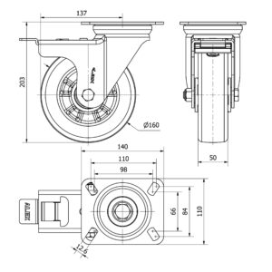 Rueda poliuretano giratoria con freno Alex diametro 160 mm. modelo 2-3922 - Imagen 2