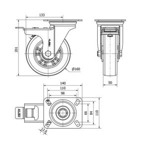 Rueda poliuretano giratoria con freno Alex diametro 160 mm. 2-3926 - Imagen 2