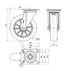 Rueda poliuretano giratoria Alex diametro 200 mm. 2-4394 - Imagen 2