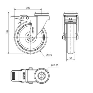 Rueda goma giratoria con freno Alex diametro 125 mm. modelo 2-4616 - Imagen 2
