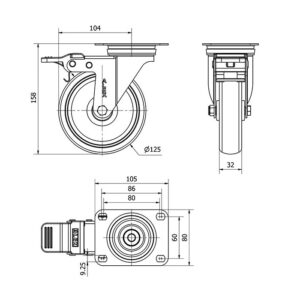 Rueda goma giratoria con freno Alex diametro 125 mm. 2-4935 - Imagen 2