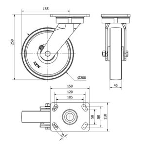 Rueda acero giratoria Alex diametro 200 mm. modelo 4-1134 - Imagen 2