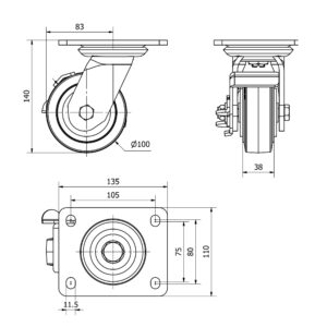 Rueda goma giratoria con freno Alex diametro 100 mm. modelo 4-1193 - Imagen 2
