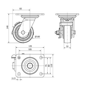 Rueda nylon-poliamida giratoria con freno Alex diametro 100 mm. modelo 4-1201 - Imagen 2